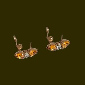 Vintage Lewis Segal Amber Glass Rhinestone Pierced Earrings